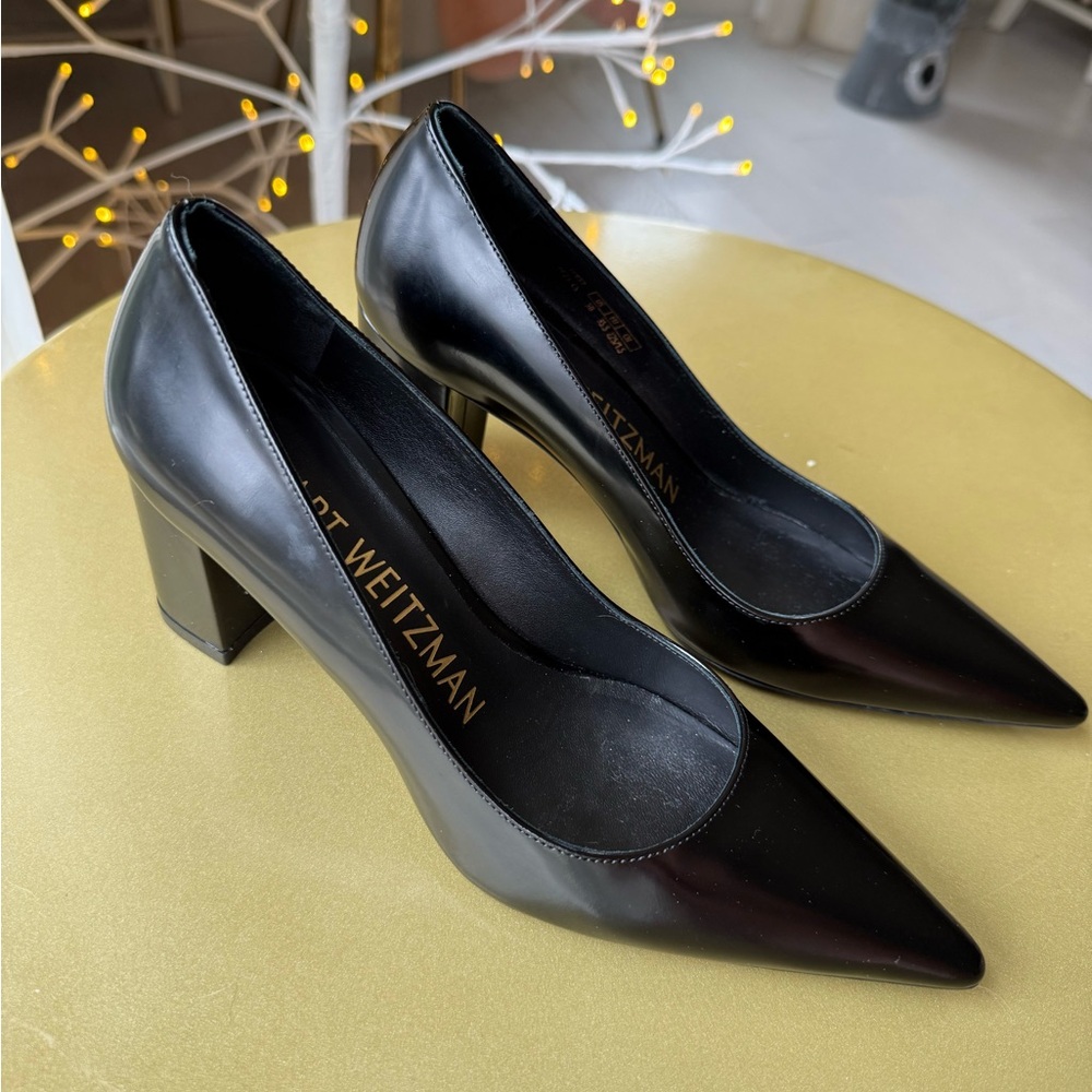 Stuart Weitzman Black Pointed Toe Block Heel Pumps